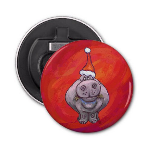 Cute Hippo in Santa Hat on Red Bottle Opener