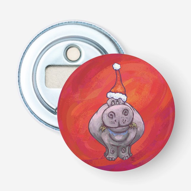 Cute Hippo in Santa Hat on Red Bottle Opener (Front)