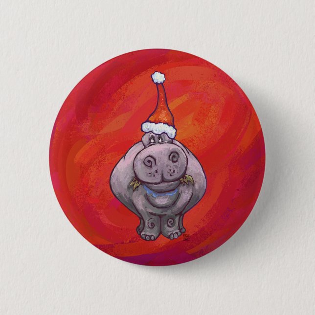 Cute Hippo in Santa Hat on Red Button (Front)