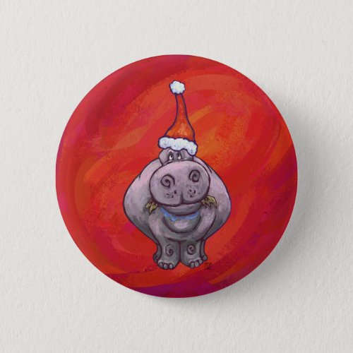 Cute Hippo in Santa Hat on Red Button