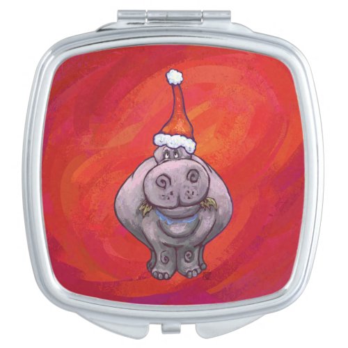 Cute Hippo in Santa Hat on Red Compact Mirror