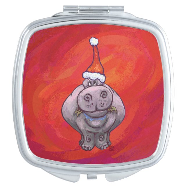 Cute Hippo in Santa Hat on Red Compact Mirror (Front)