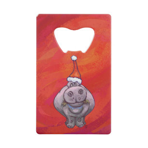 Cute Hippo in Santa Hat on Red Credit Card Bottle Opener