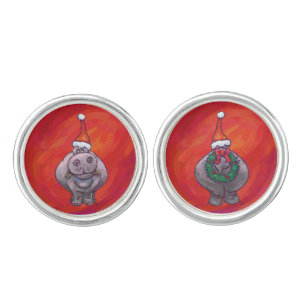 Cute Hippo in Santa Hat on Red Cufflinks