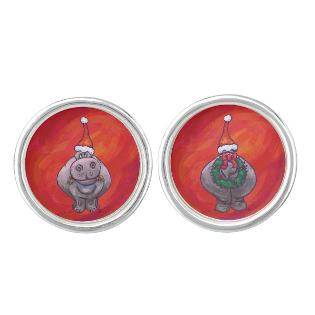 Cute Hippo in Santa Hat on Red Cufflinks (Front)