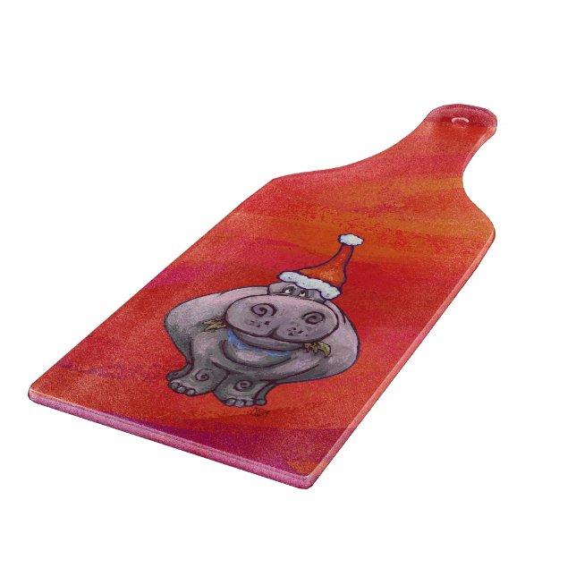 Cute Hippo in Santa Hat on Red Cutting Board (Corner)