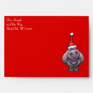 Cute Hippo in Santa Hat on Red Envelope