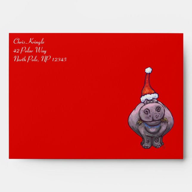Cute Hippo in Santa Hat on Red Envelope (Front)