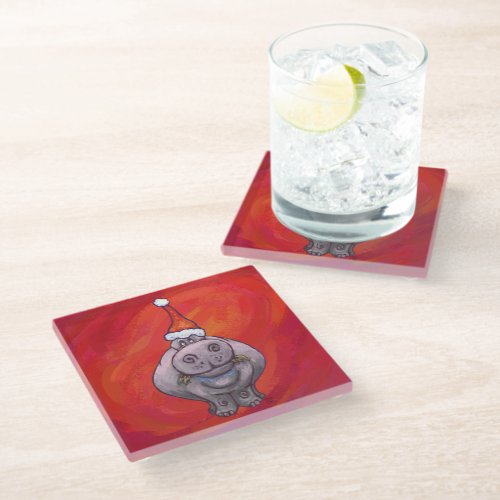 Cute Hippo in Santa Hat on Red Glass Coaster