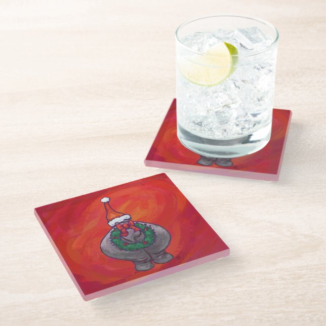 Cute Hippo in Santa Hat on Red Glass Coaster (Angled)