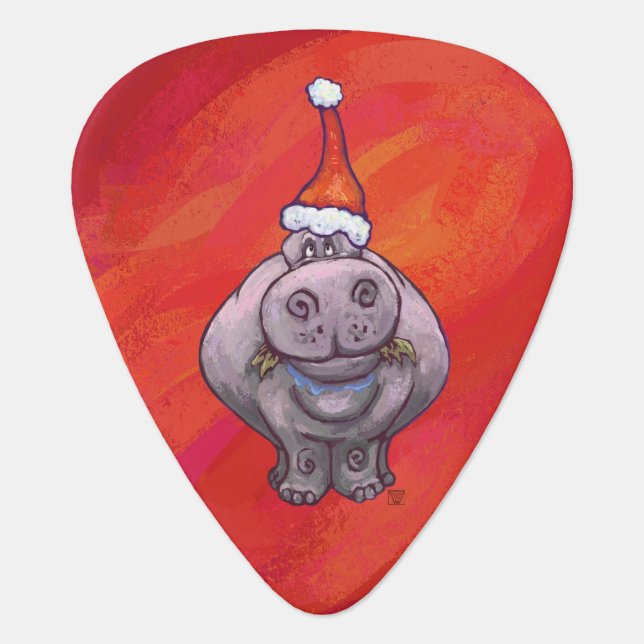Cute Hippo in Santa Hat on Red Guitar Pick (Front)