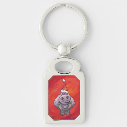 Cute Hippo in Santa Hat on Red Keychain