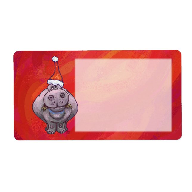 Cute Hippo in Santa Hat on Red Label (Front)