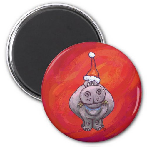 Cute Hippo in Santa Hat on Red Magnet