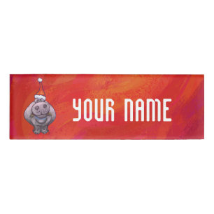 Cute Hippo in Santa Hat on Red Name Tag