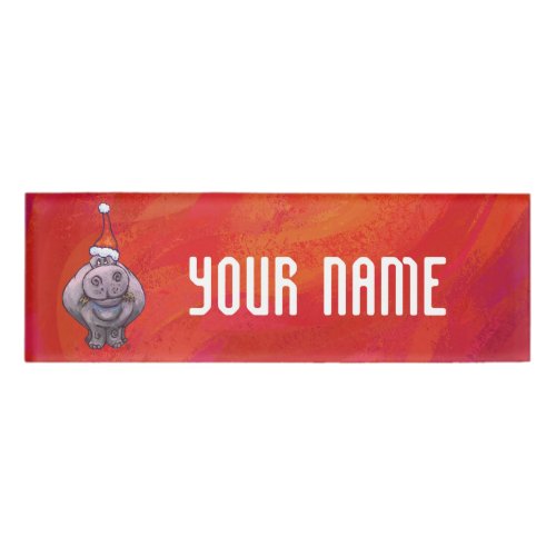 Cute Hippo in Santa Hat on Red Name Tag