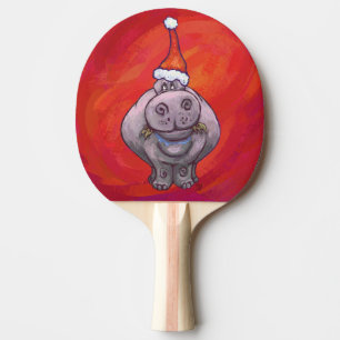 Cute Hippo in Santa Hat on Red Ping-Pong Paddle
