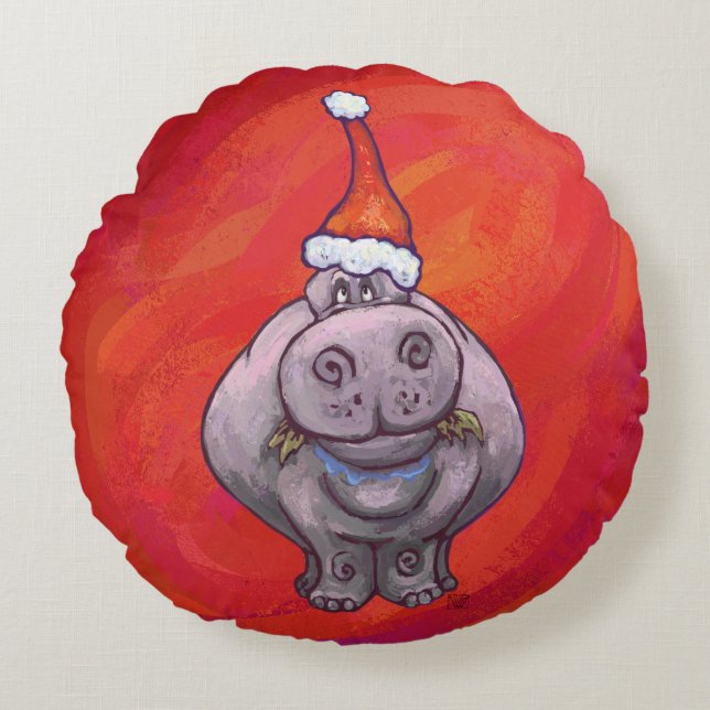 Cute Hippo in Santa Hat on Red Round Pillow (Front)
