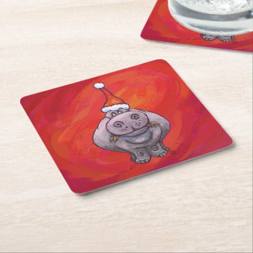 Cute Hippo in Santa Hat on Red Square Paper Coaster