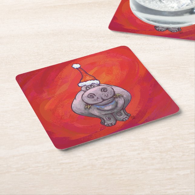 Cute Hippo in Santa Hat on Red Square Paper Coaster (Angled)