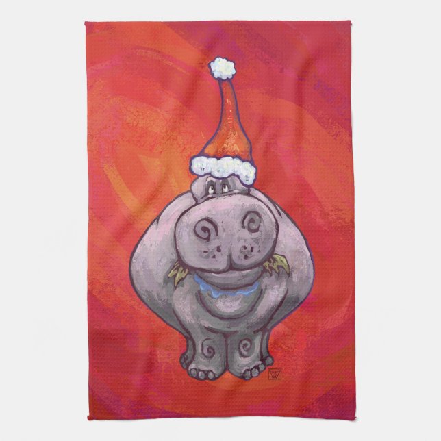 Cute Hippo in Santa Hat on Red Towel (Vertical)