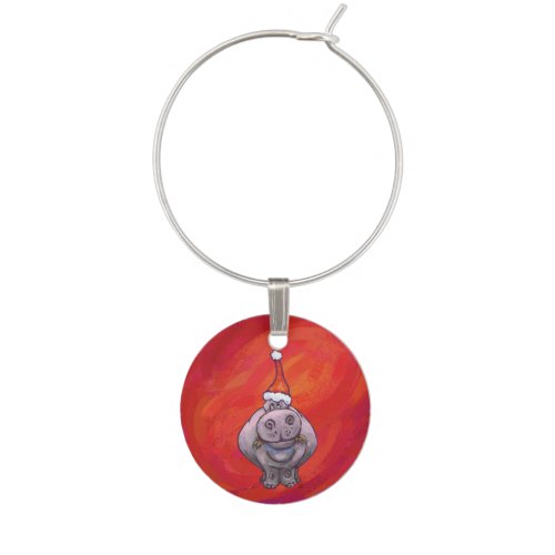 Cute Hippo in Santa Hat on Red Wine Charm