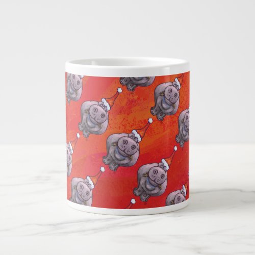 Cute Hippo in Santa Hat Pattern on Red Large Coffee Mug