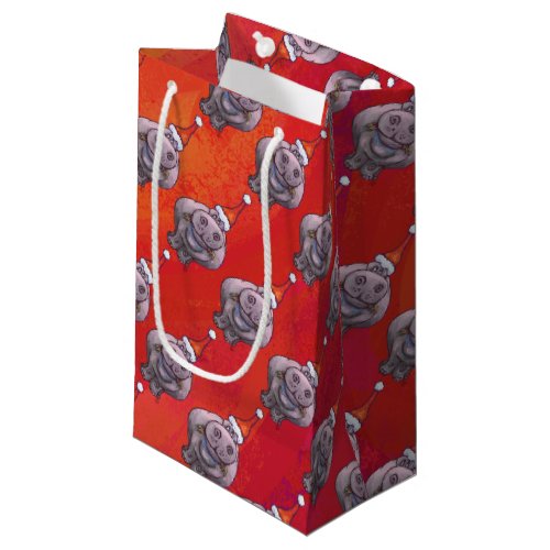 Cute Hippo in Santa Hat Pattern on Red Small Gift Bag