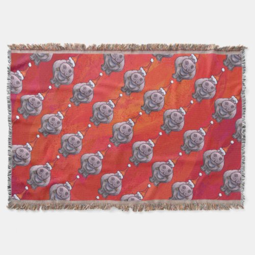 Cute Hippo in Santa Hat Pattern on Red Throw Blanket