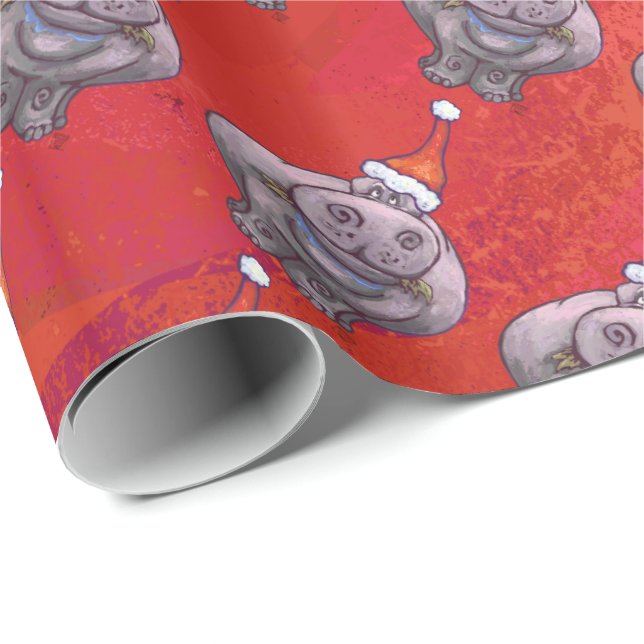 Cute Hippo in Santa Hat Pattern on Red Wrapping Paper (Roll Corner)