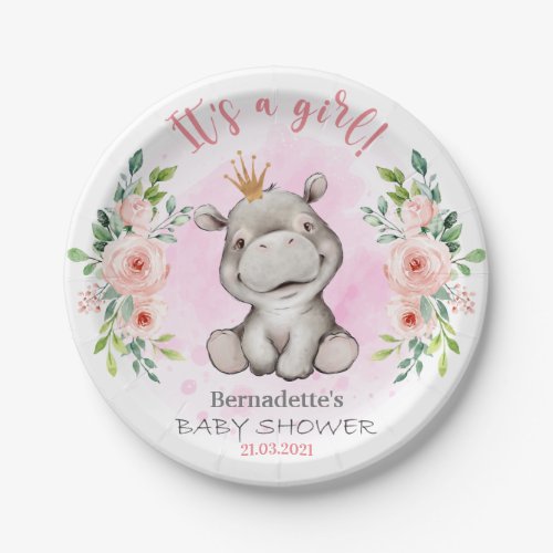 Cute Hippo Its a Girl Baby Shower Paper Plate