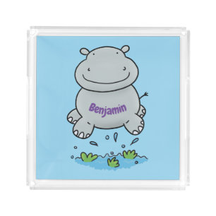 Cute hippo jumping cartoon illustration acrylic tray