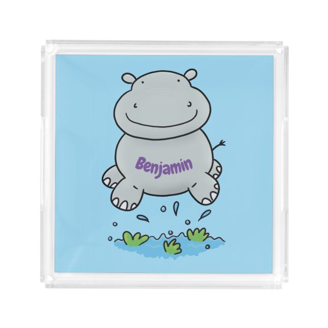 Cute hippo jumping cartoon illustration acrylic tray (Front)