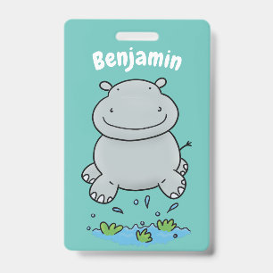 Cute hippo jumping cartoon illustration badge