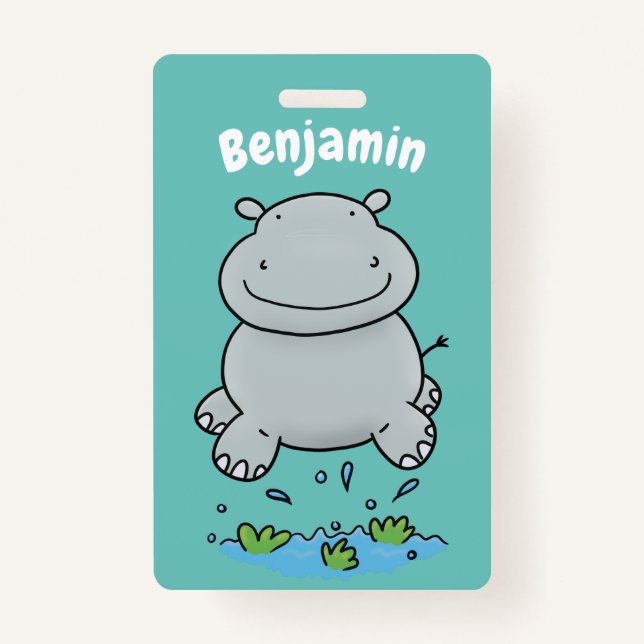 Cute hippo jumping cartoon illustration badge (Front)