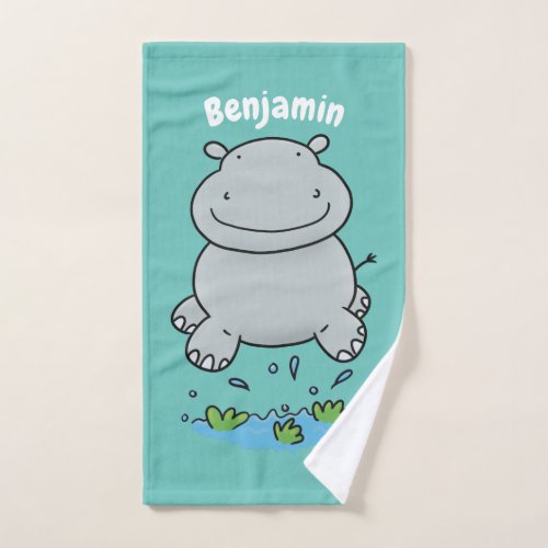 Cute hippo jumping cartoon illustration bath towel set