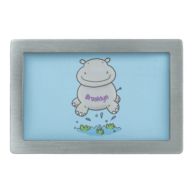 Cute hippo jumping cartoon illustration belt buckle (Front)
