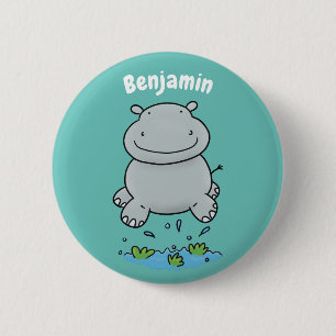 Cute hippo jumping cartoon illustration button