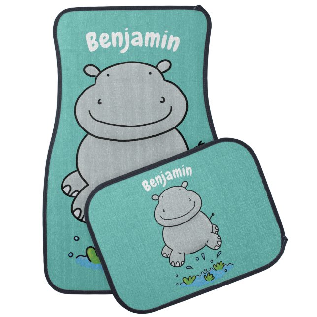 Cute hippo jumping cartoon illustration car floor mat (Set)
