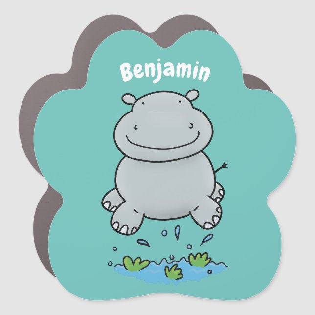 Cute hippo jumping cartoon illustration car magnet (Front)