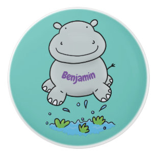 Cute hippo jumping cartoon illustration ceramic knob