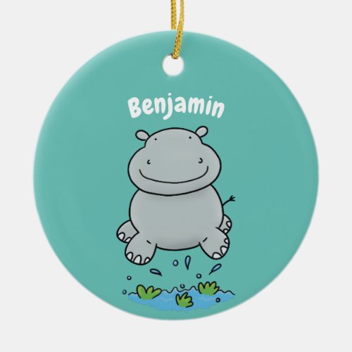 Cute hippo jumping cartoon illustration ceramic ornament