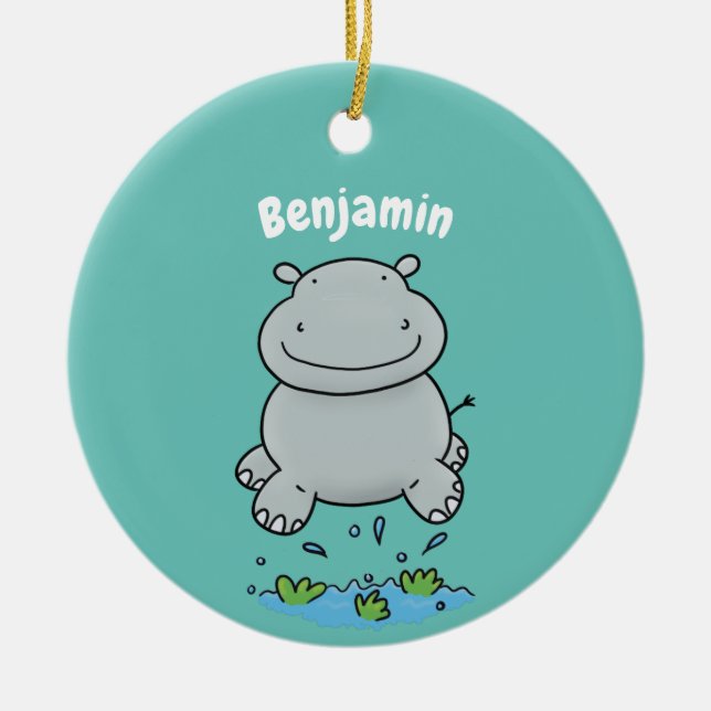 Cute hippo jumping cartoon illustration ceramic ornament (Front)
