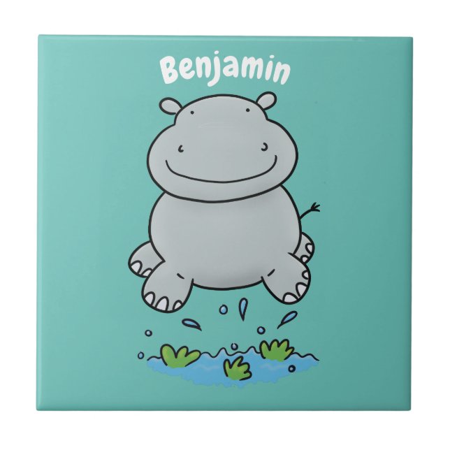 Cute hippo jumping cartoon illustration ceramic tile (Front)