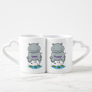 Cute hippo jumping cartoon illustration coffee mug set