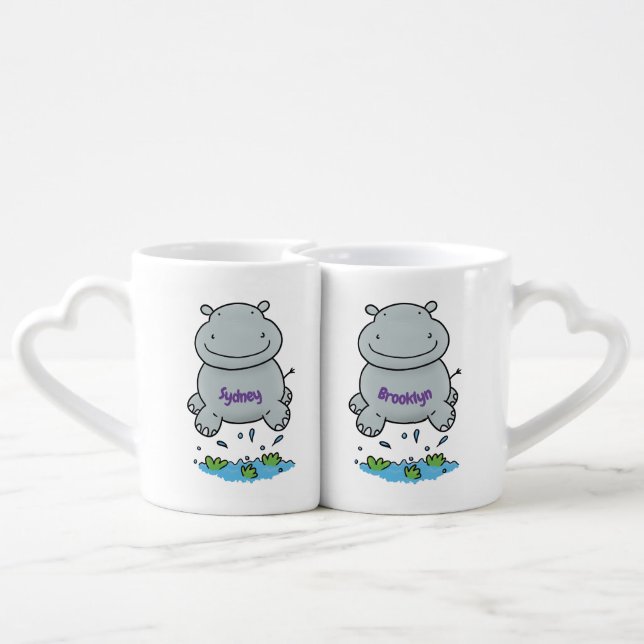 Cute hippo jumping cartoon illustration coffee mug set (Back Nesting)
