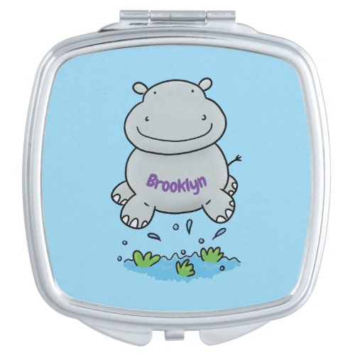 Cute hippo jumping cartoon illustration compact mirror