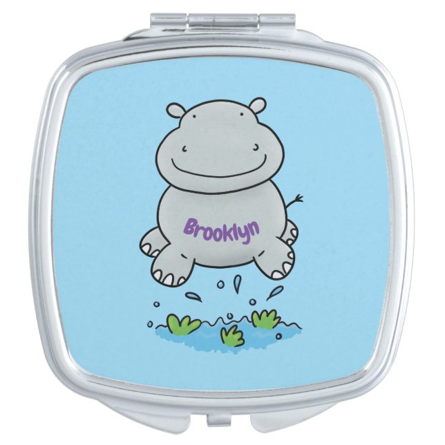 Cute hippo jumping cartoon illustration compact mirror (Front)