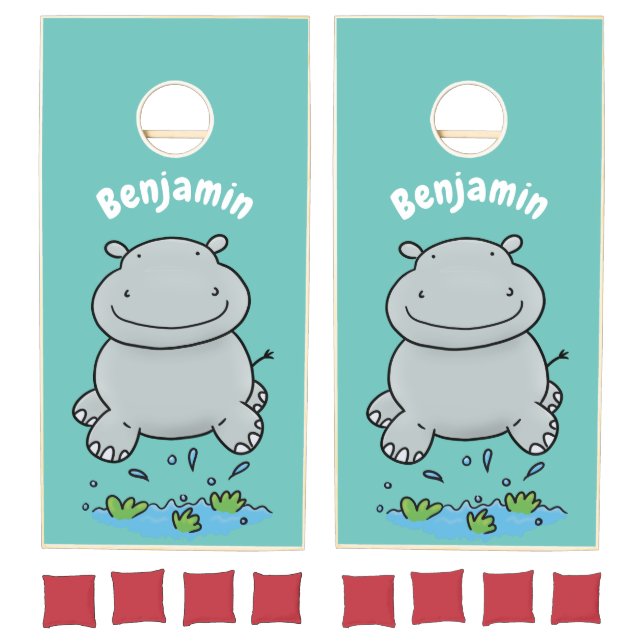 Cute hippo jumping cartoon illustration cornhole set (Set)