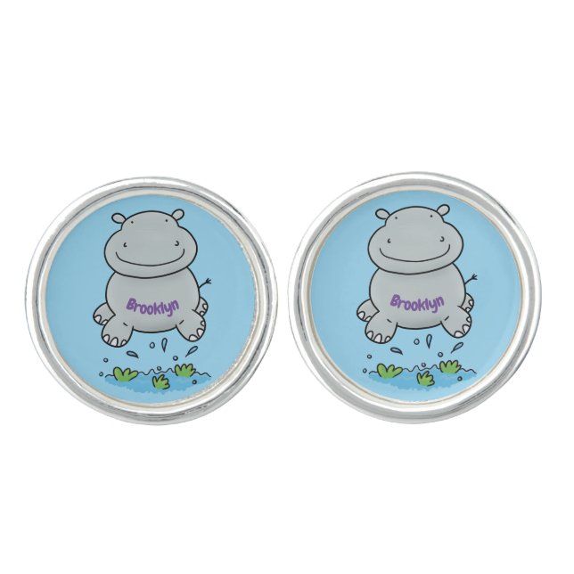 Cute hippo jumping cartoon illustration cufflinks (Front)